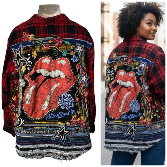 The Unbranded Brand Tops - Upcycled Flannel Shirt Shacket Womens 3X Lips Stones Custom Grunge Rocker Skater